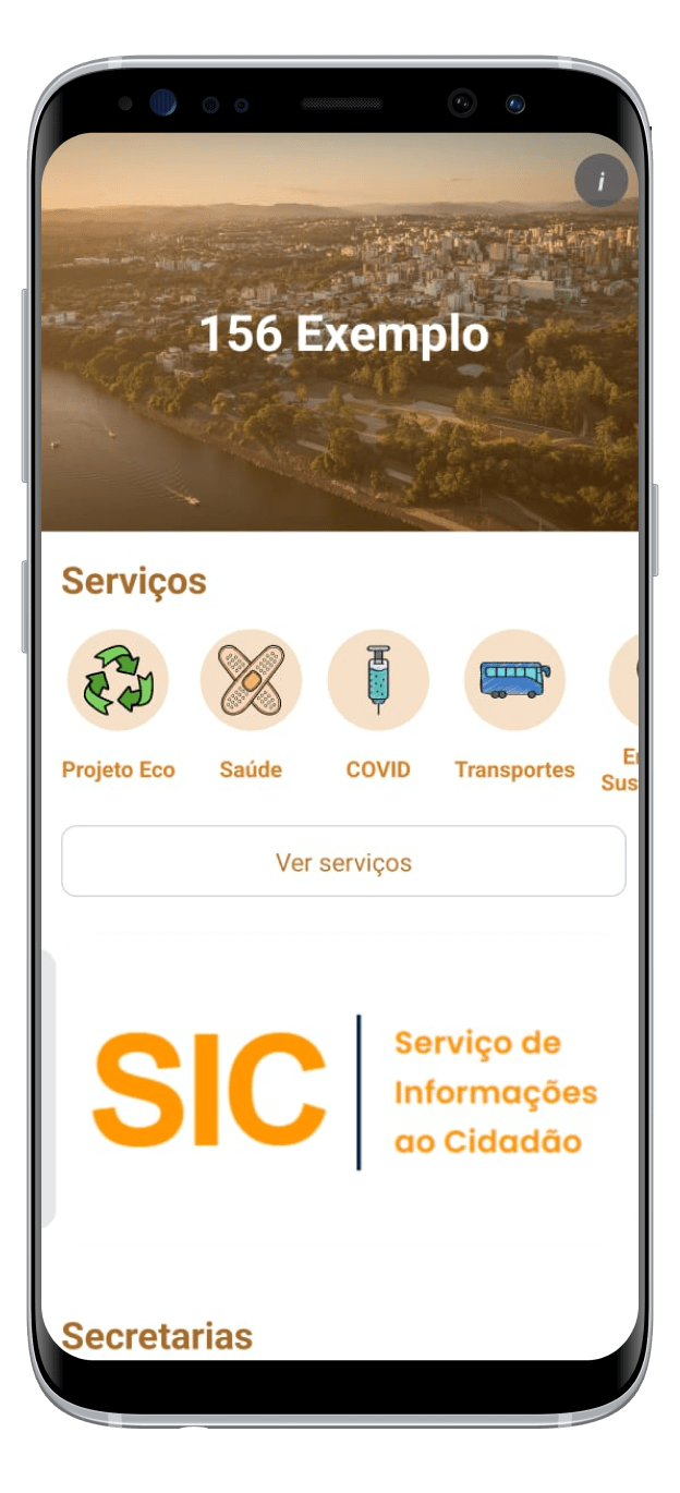 Tela inicial do App 156 com brasão do município, banner de destaque e ícones de serviços
